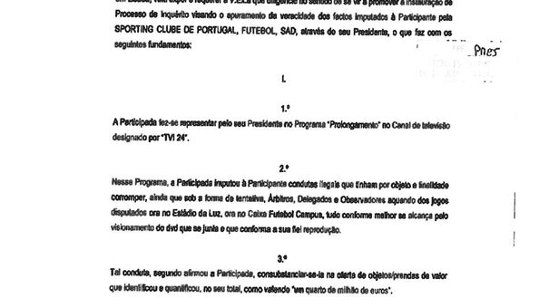 A carta enviada pelo Benfica a Fernando Gomes
