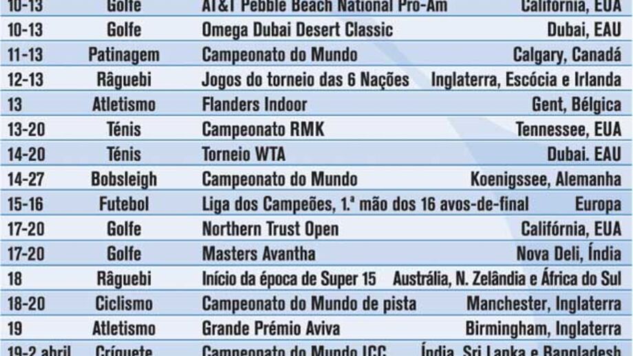Agenda desportiva fevereiro