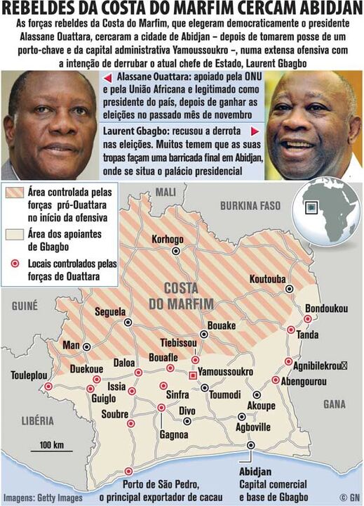 Rebeldes da Costa do Marfim cercam Abidjan