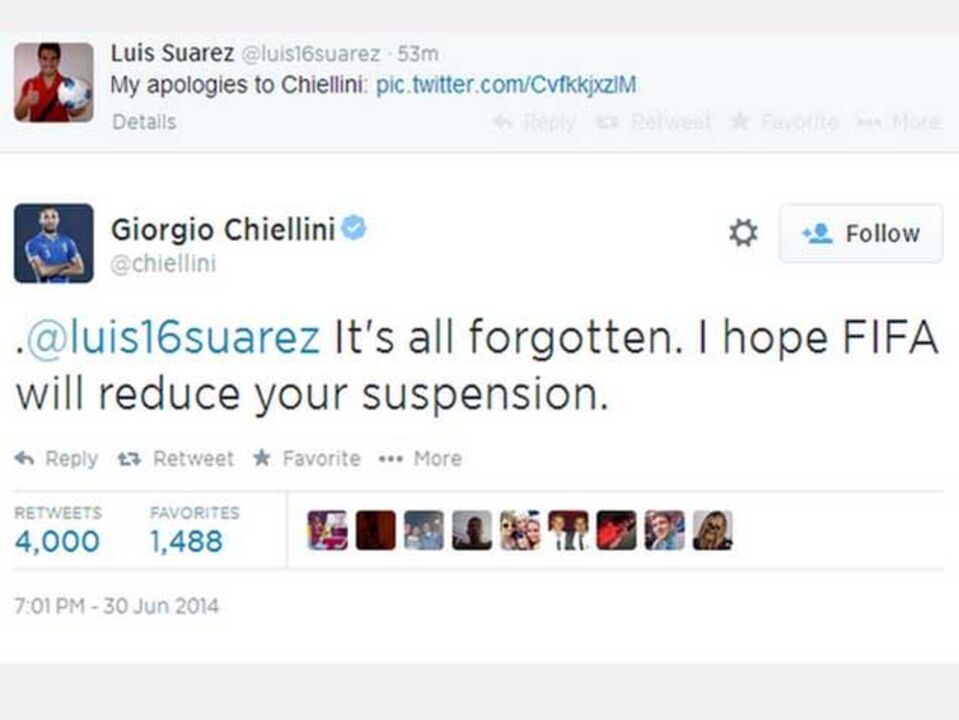 Chiellini: «Suárez, espero que reduzam a tua pena»