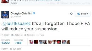 Chiellini: «Suárez, espero que reduzam a tua pena»