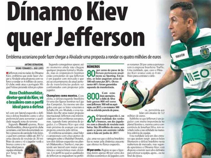 Dinamo Kiev pagava quatro vezes mais a Jefferson