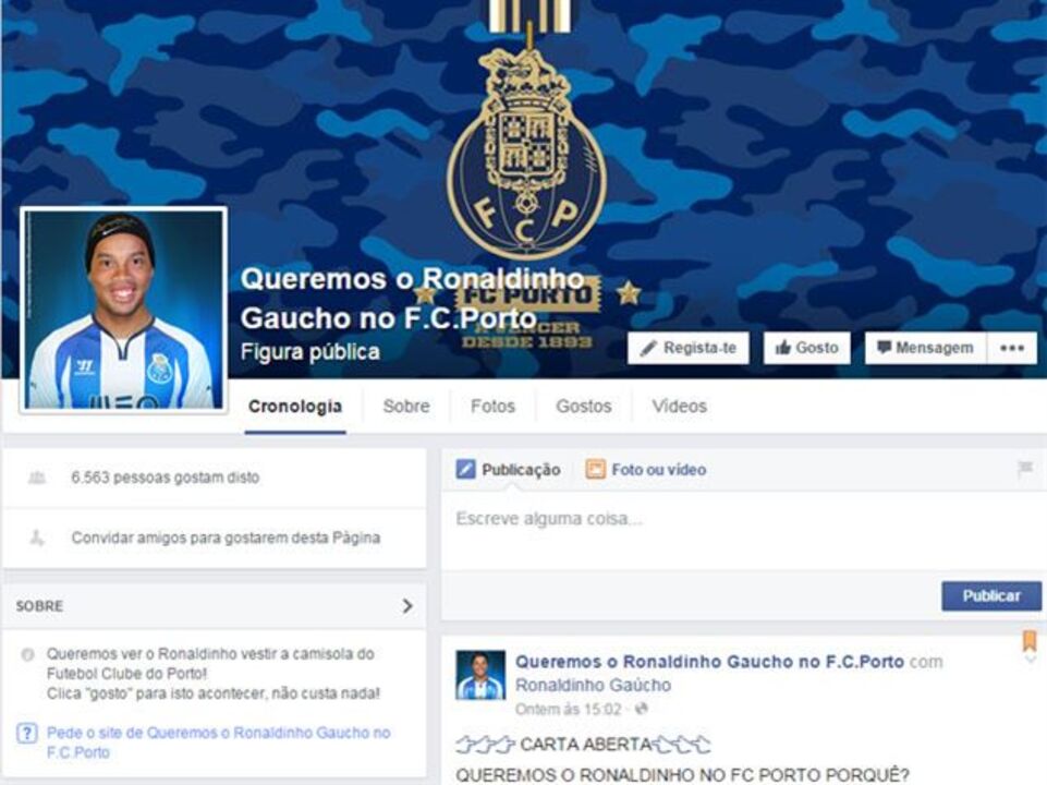 Grupo de adeptos quer Ronaldinho nos dragões