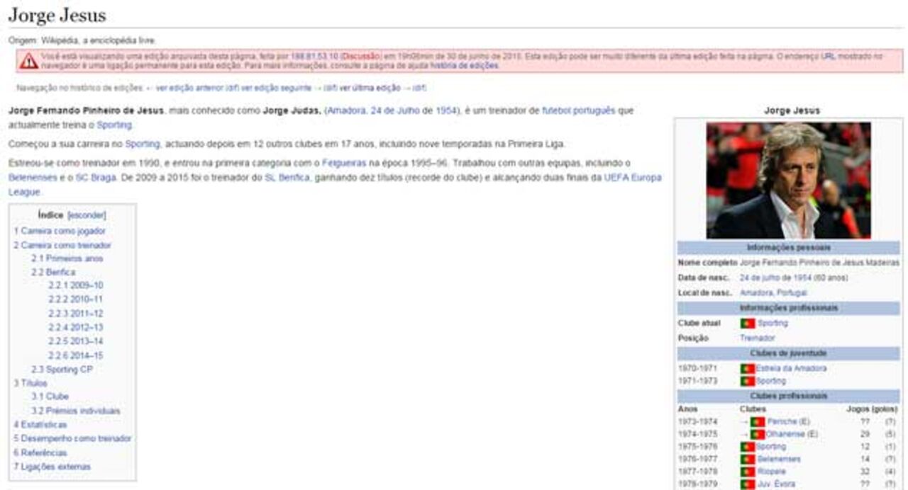 Página de Jorge Jesus na Wikipédia alvo de "ataque"