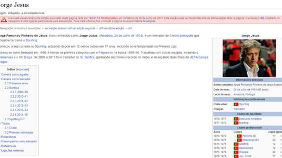 Página de Jorge Jesus na Wikipédia alvo de "ataque"