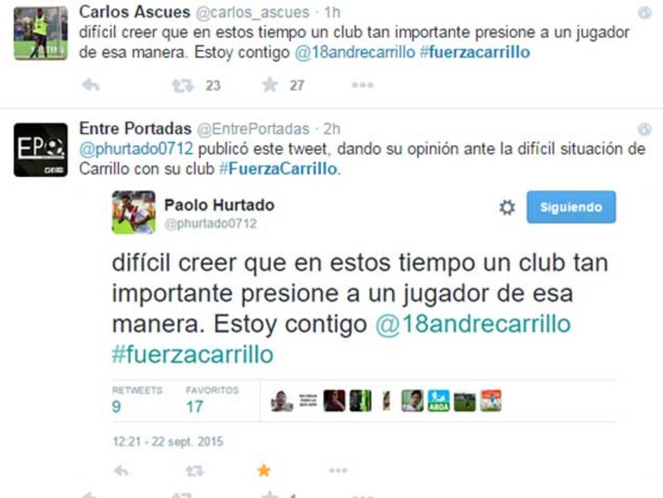 Colegas de seleção criam hashtag de apoio a Carrillo