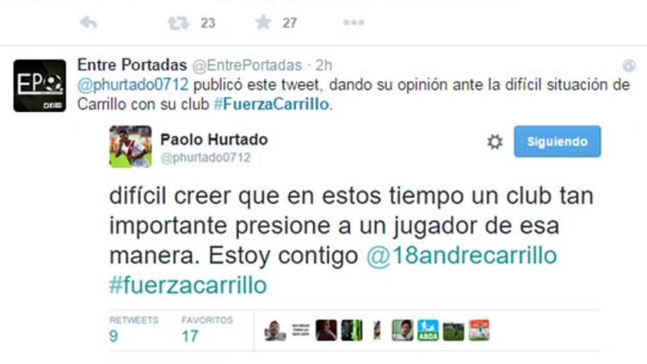 Colegas de seleção criam hashtag de apoio a Carrillo