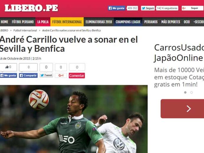 Peruanos dizem que Sevilha tem de ter cuidado com Benfica no processo Carrillo