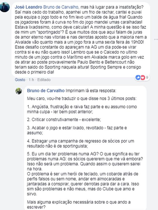 Bruno de Carvalho responde a crítica no Facebook: «Quando os sócios quiserem sairei na hora»
