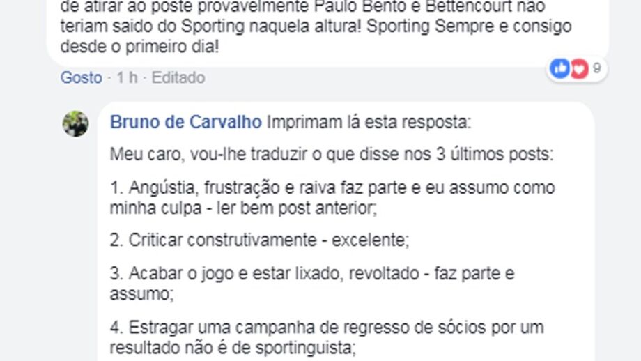 Bruno de Carvalho responde a crítica no Facebook: «Quando os sócios quiserem sairei na hora»