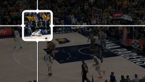 A reação hilariante de Stephen Curry ao afundanço de Klay Thompson
