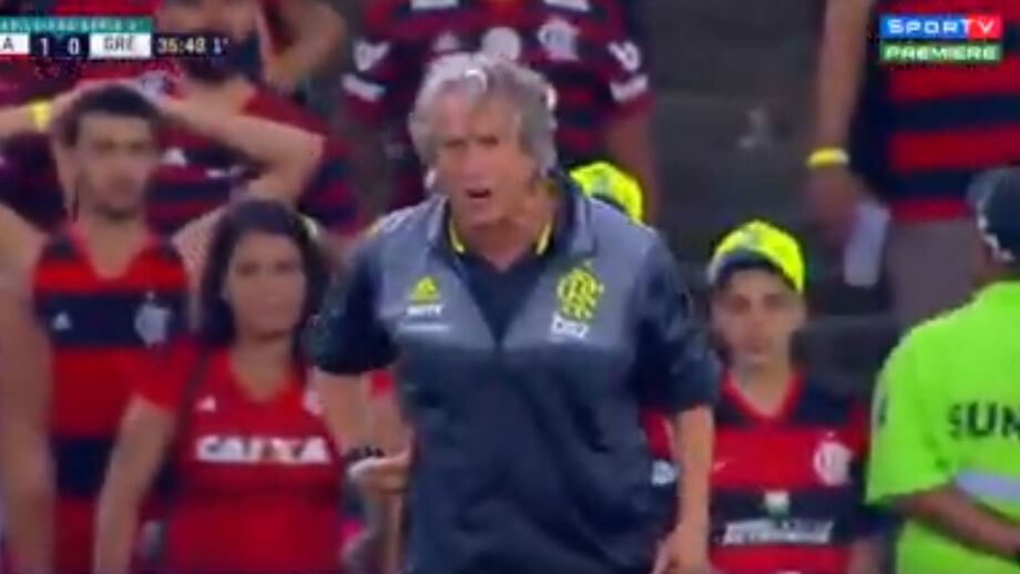 Treinador gesticula e grita para dentro do campo na partida do Flamengo com o Grémio