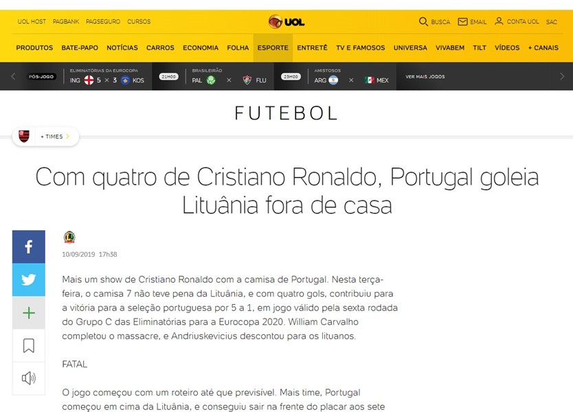 Portugal goleia Lituânia com três de CR7 nas eliminatórias da Euro