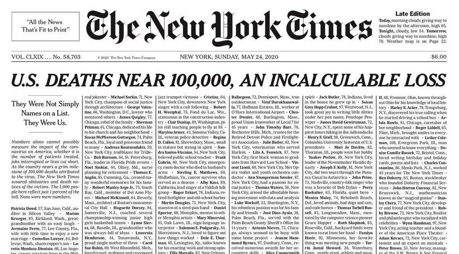 'Uma perda incalculável': Capa do The New York Times com alusão às vítimas de coronavírus corre o Mundo
