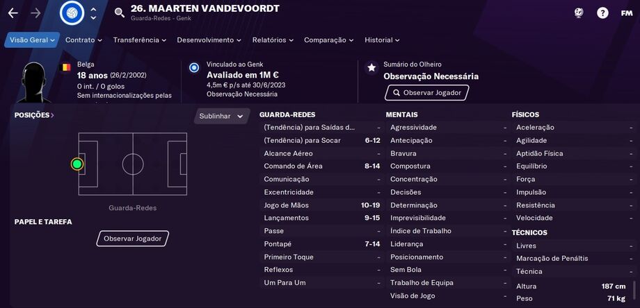 Guarda-redes: 1. Maarten Vandevoordt, 18 anos (KRC Genk) - Valor/salário: 1M€/4.5 mil euros p/semana - Overall: 84.
