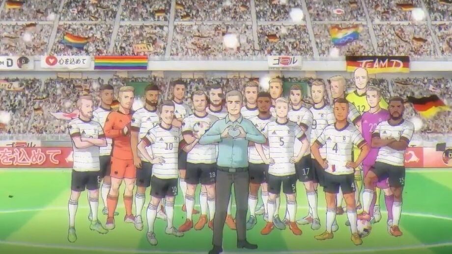 Jogadores e selecionador alemães estão representados em forma de desenho animado 