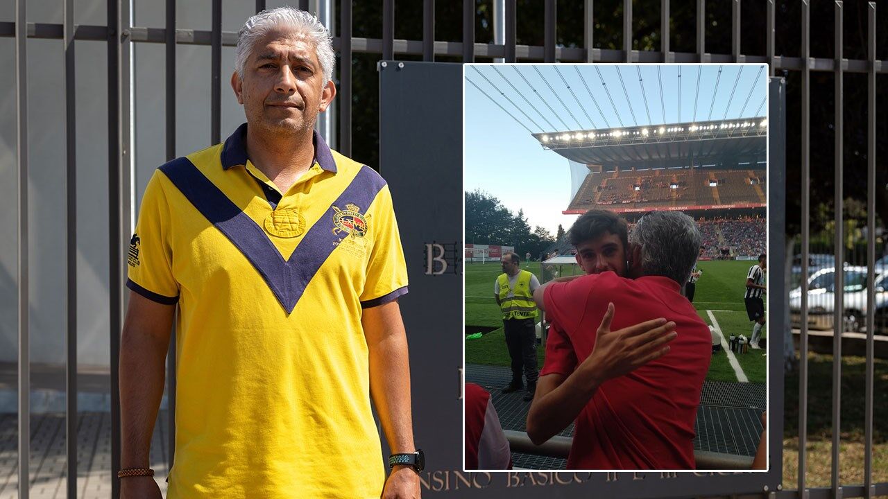 Professor Carlos no Municipal de Braga,  a abraçar Trincão,  que há muito conhece