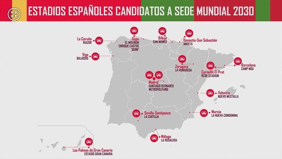 Espanha propõe estes 15 estádios para a candidatura com Portugal ao Mundial'2030