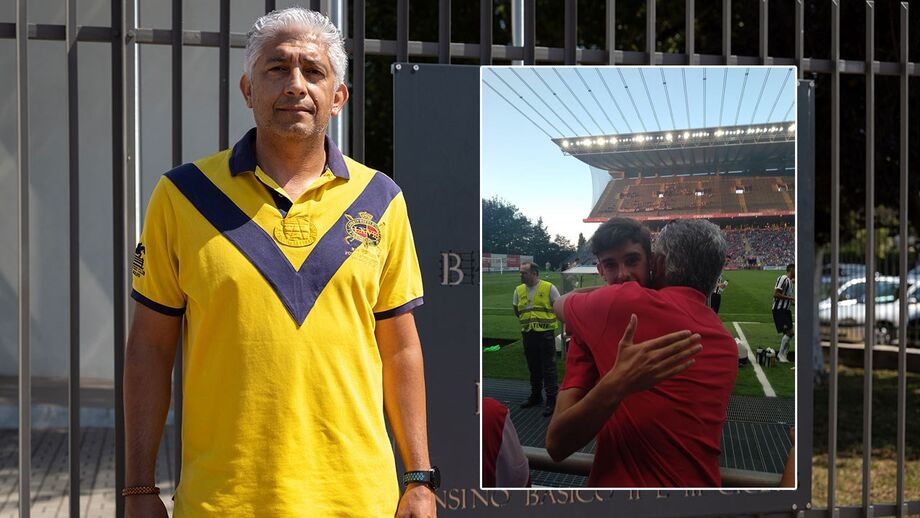 Professor Carlos no Municipal de Braga,  a abraçar Trincão,  que há muito conhece