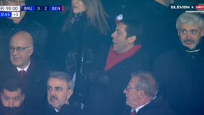 Rui Costa canta com os adeptos do Benfica após o golo de Neres frente ao Club Brugge