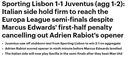 'Daily Mail': 'Italianos mantém-se firmes para chegar às meias da Liga Europa, apesar do penálti de Marcus Edwards na primeira parte cancelar o primeiro golo de Adrien Rabiot'