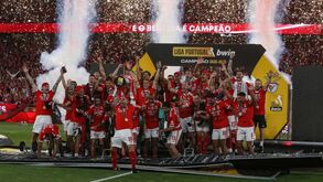 O momento em que os jogadores do Benfica levantaram o troféu de campeão no relvado do Estádio da Luz