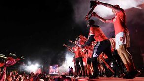 Loucura no Marquês de Pombal: a festa dos jogadores do Benfica com os adeptos