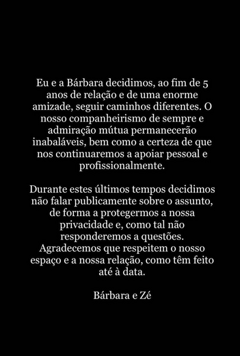 Comunicado a anunciar separação do casal