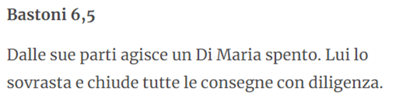 'Corriere dello Sport': Na análise à exibição de Bastoni, os italianos sublinham o quão 'esgotado' Di María se apresentou na segunda parte.