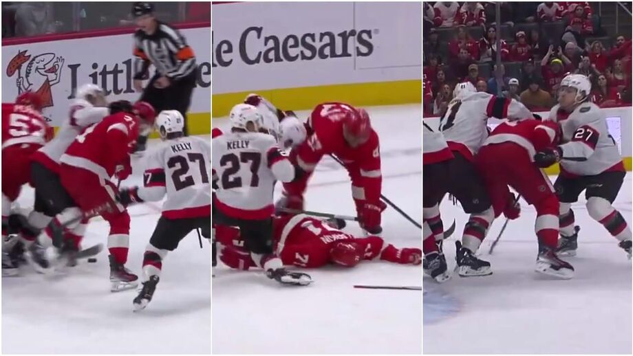 Dylan Larkin sofreu uma forte pancada de um adversário na nuca e ficou inconsciente durante quase 1 minuto