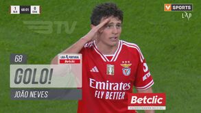 O (improvável) golo de cabeça de João Neves que desfez o nulo no Benfica-Chaves