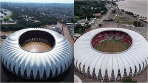 Cheias no Brasil: nível da água baixa e mostra os danos no relvado do Estádio Beira-Rio
