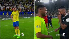 Jogador do Al Nassr ri com adversário após empate enquanto Cristiano Ronaldo pedia à equipa para agradecer aos adeptos