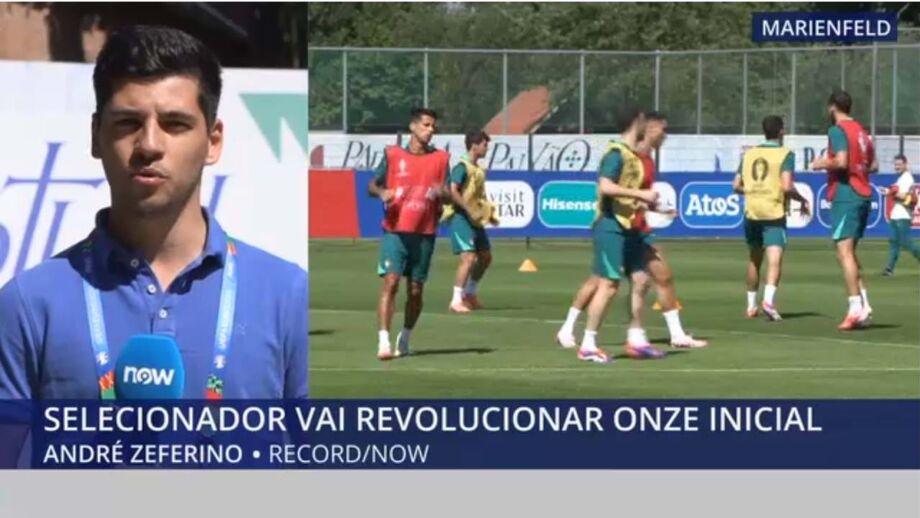 André Zeferino, jornalista de Record, e Fábio Gomes, repórter de imagem, em direto de Marienfeld