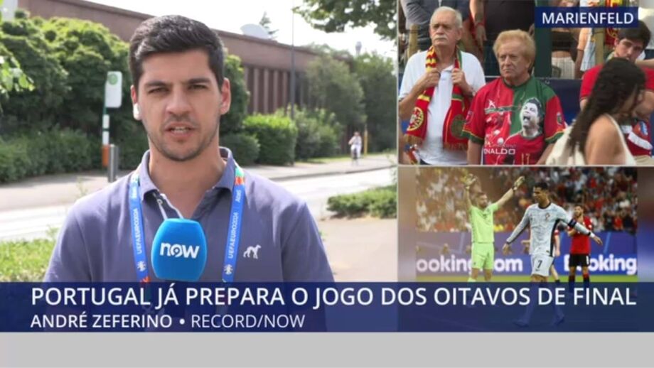 André Zeferino, jornalista de Record, e Fábio Gomes, repórter de imagem, em direto de Marienfeld