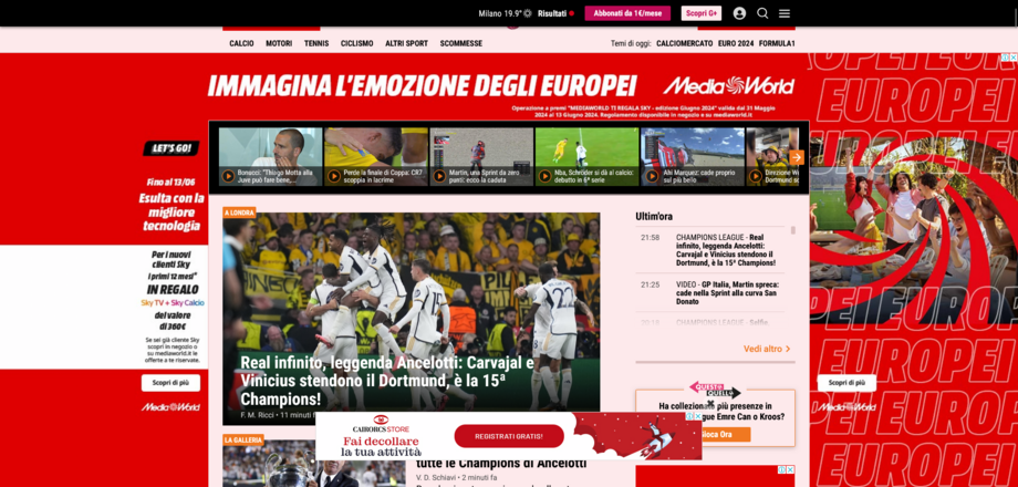'Gazzetta dello Sport': 'Real infinito, lenda Ancelotti: Carvajal e Vinicius derrubam o Dortmund. É a 15.ª Champions!'