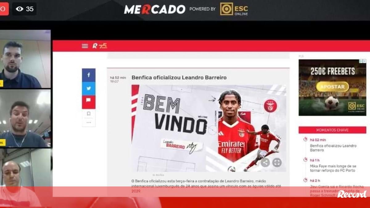 Mercado Record em direto: Leandro Barreiro apresentado pelo Benfica e Mika Faye mais longe do FC Porto