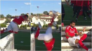 A aparatosa queda de Pavlidis no Benfica-Celta: avançado causou o pânico após cair de costas nas escadas