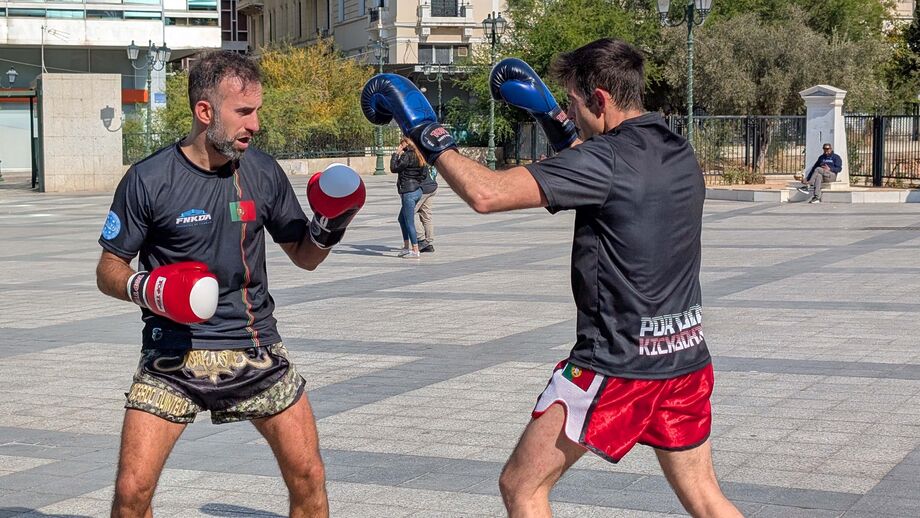 Ricardo Quintela em treino com Nuno Lopes, outro dos veteranos que competirá amanhã em Atenas