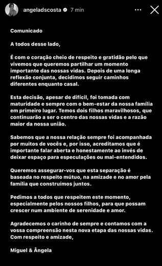 Angie Costa e Miguel Coimbra terminam relação 