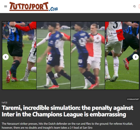 Imagem do site do 'TuttoSport' sobre o lance de Taremi no Inter-Feyenoord