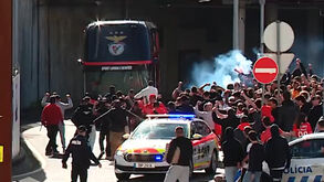 Benfica mostra mais imagens da saída da Luz: adeptos atiraram-se literalmente para a frente do autocarro