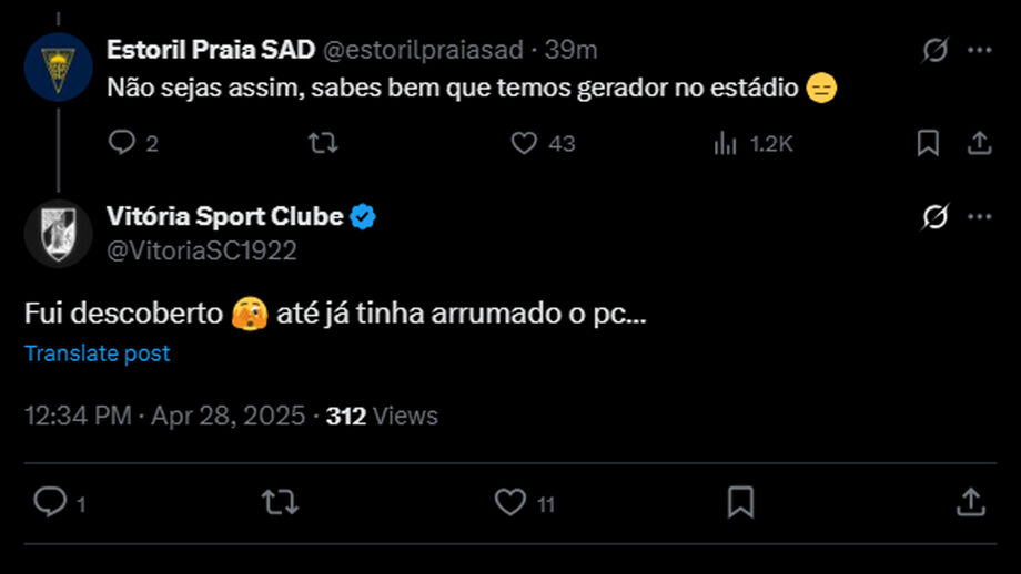 A troca de mensagens entre V. Guimarães e Estoril durante o apagão