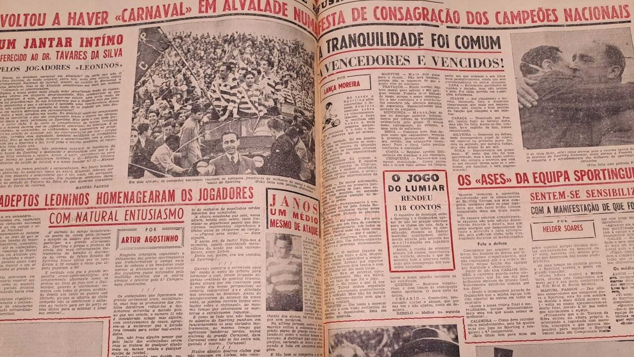 As páginas de Record sobre o título do Sporting em 1953/54