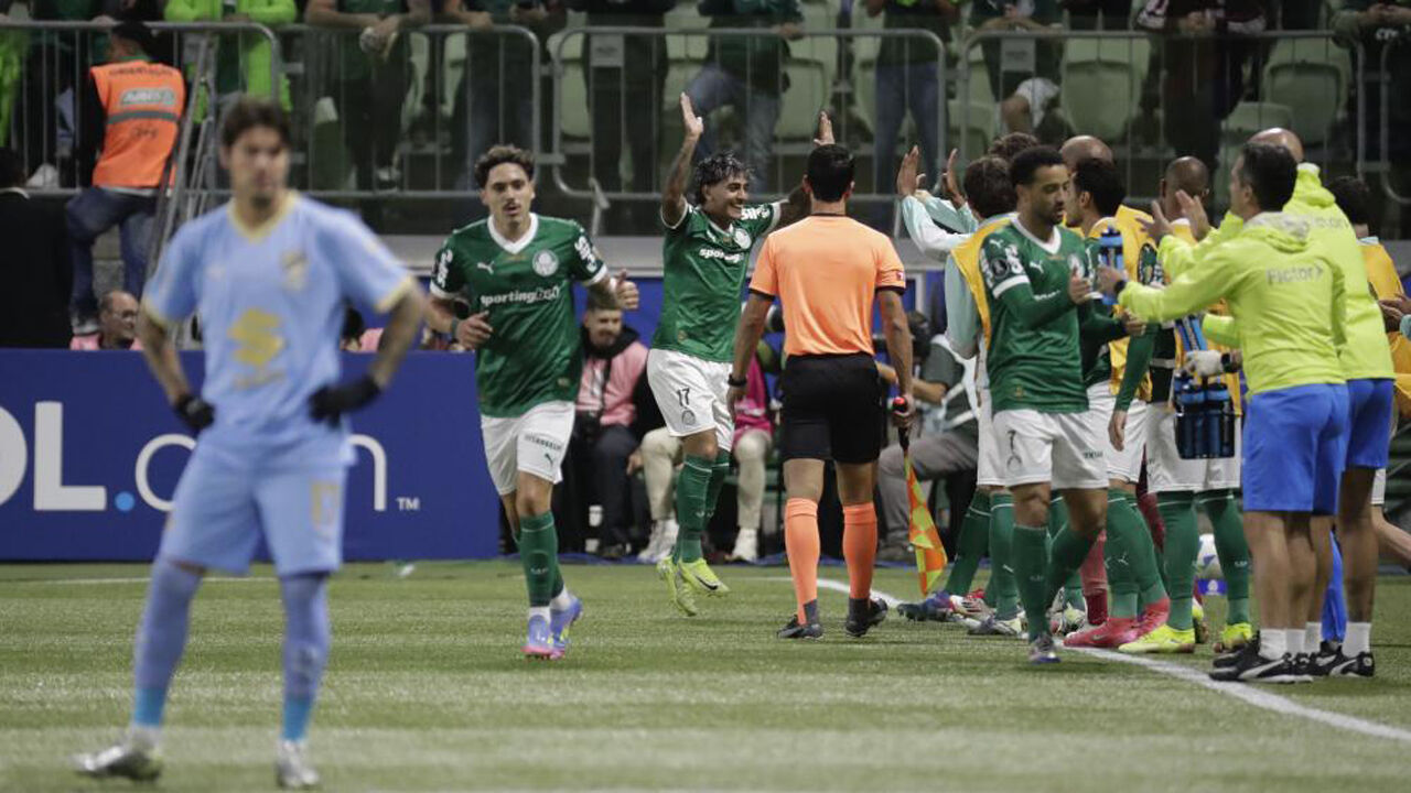 Os jogadores do Palmeiras em festa durante o jogo com o Bolívar