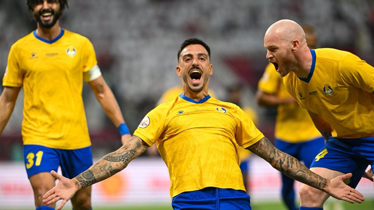 Joselu festeja o golo apontado no Al Rayyan-Al Gharafa
