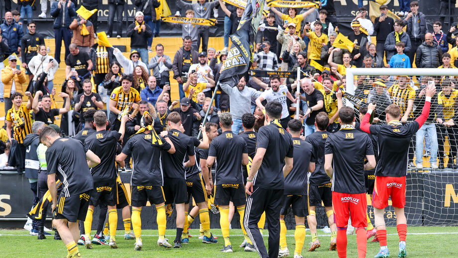 Jogadores do Lusitânia Lourosa festejam subida de divisão com os adeptos