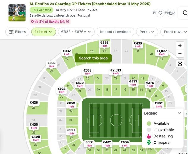 Os bilhetes (e preços) disponíveis no Viagogo