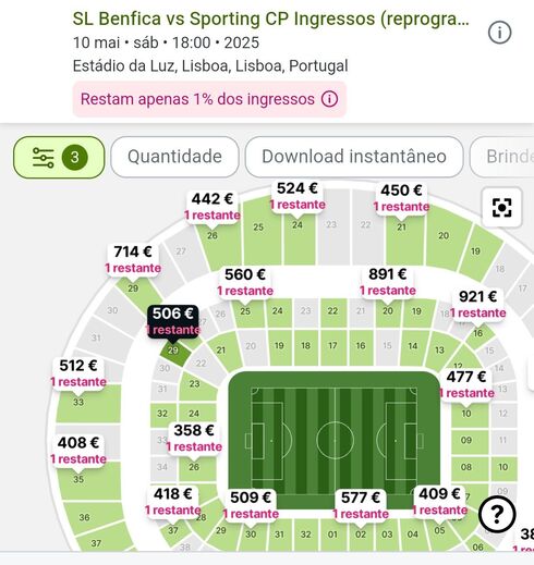 Os bilhetes (e preços) disponíveis no Viagogo