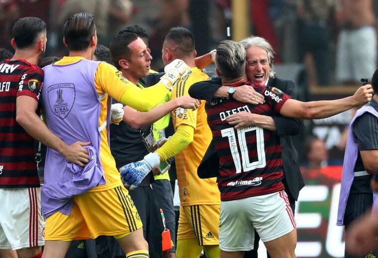 Jorge Jesus nos festejos da Libertadores com o Flamengo